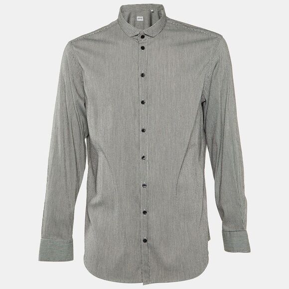 Armani Collezioni Black Striped Seer Sucker Cotton Long Sleeve Shirt Xl